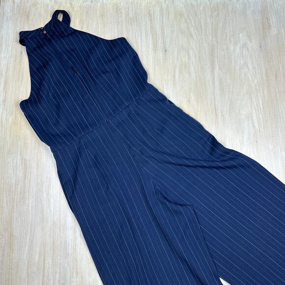 Julia Jordan Navy Pinstripe Twist Halter Business Casual Wide Leg Jumpsuit 12 - Picture 13 of 16